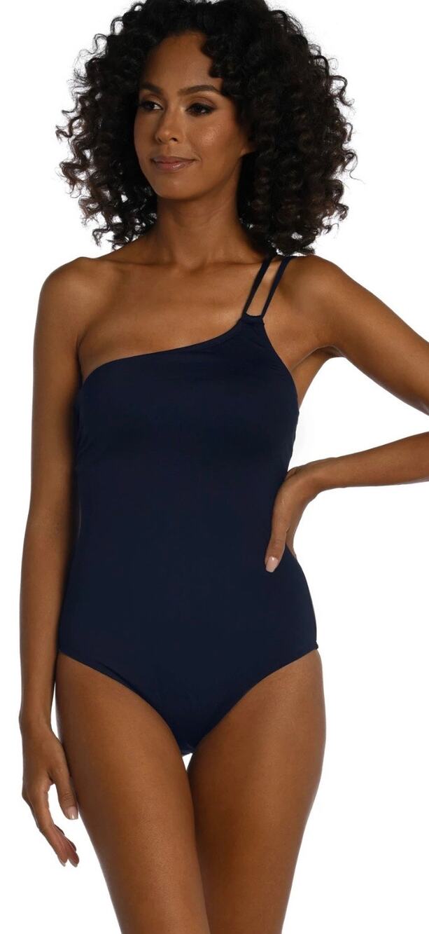 La Blanca Indigo Lace Up One Shoulder One Piece Swim Suit 16 NWT